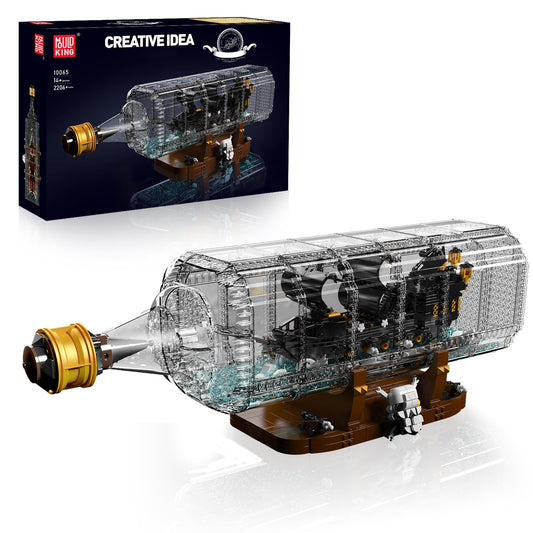Mould King 10065 drift bottle with Black Pearl Ship as a stunning display piece
