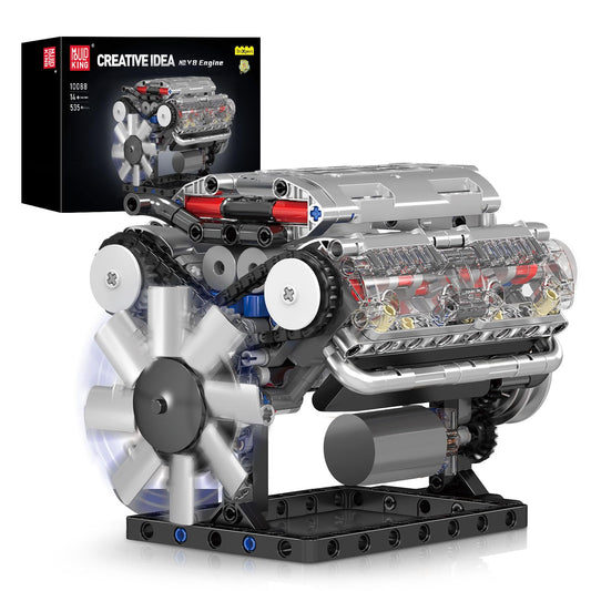 Mould King 10088 V8 engine model with battery box showing compact power and space efficiency.