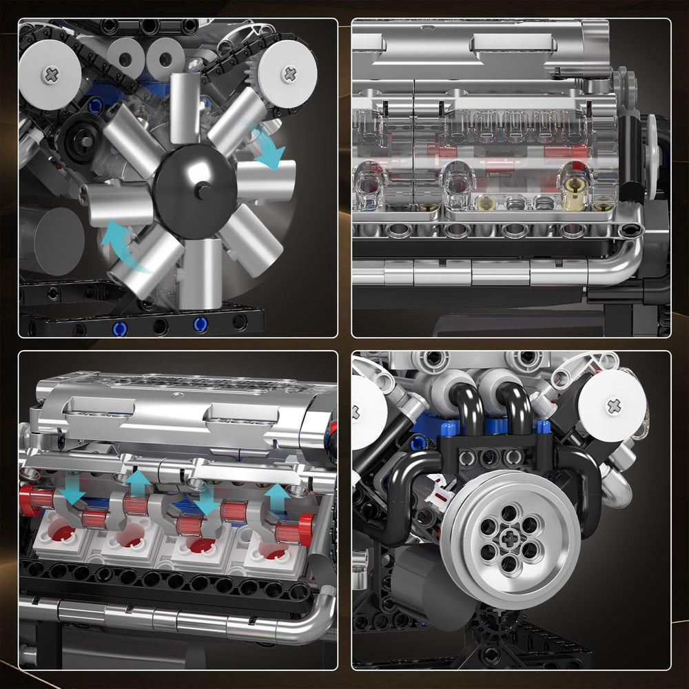 Mould King 10088 V8 engine model transparent cylinder head reveals internal mechanics.