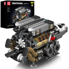 Mould King 10131 W16 engine assembly shows detailed V16-like layout for hands-on learning