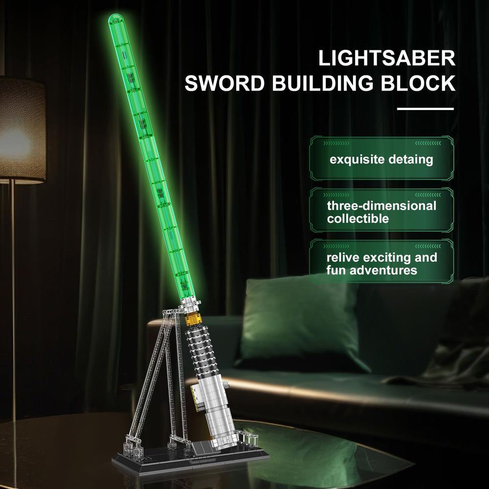 Mould King 10140 lightsaber bracket and nameplate enable authentic display.