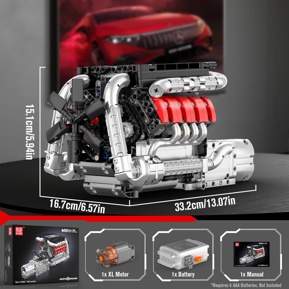 Mould King 10203 V8 engine battery box for powered display.