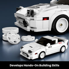 Finished Mould King sports car model on display case ready for desk or shelf.