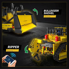 Mould King bulldozer remote-app control enables wireless play and programming.