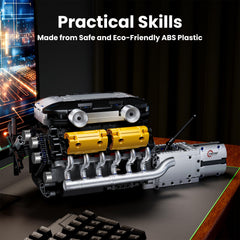 Mould King LB V12 engine running pistons demonstrate moving components in action.
