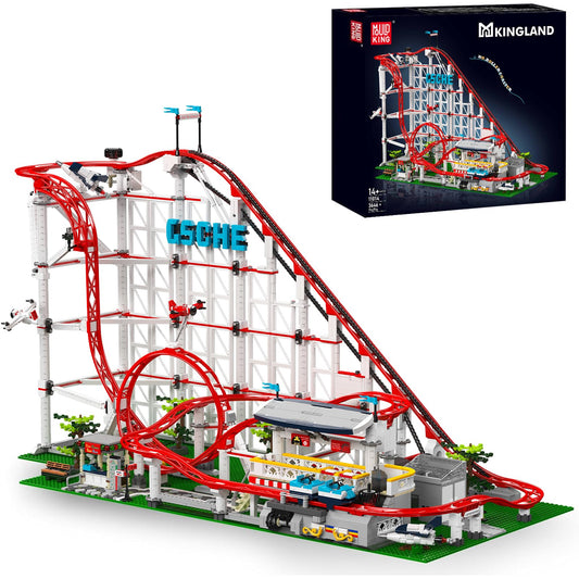 Mould King roller coaster assembly kit with intricate track sections for home display.