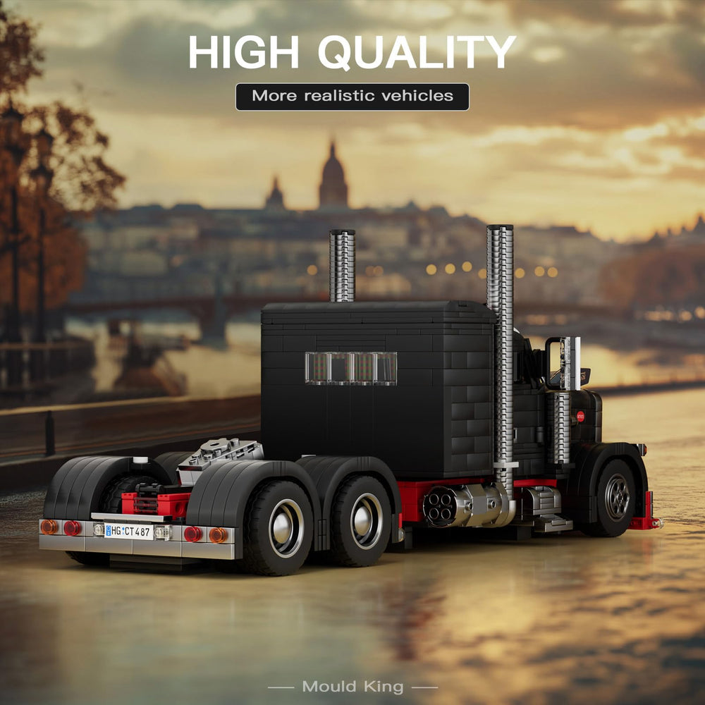 Mould King semi truck displayed on desk enhances home decor and collection