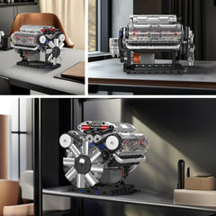 Mould King V8 engine display-ready after completion on shelf