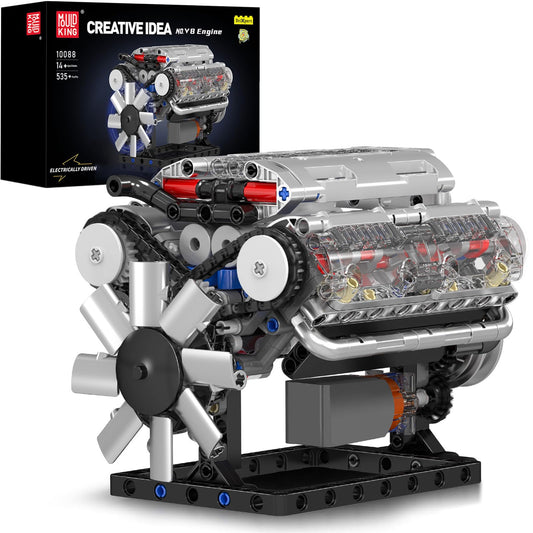 Mould King V8 engine with transparent cylinder head showing piston motion for learning