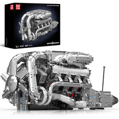 Mould King V8 Twin-Turbo engine model kit assembly shows intricate brickwork for display