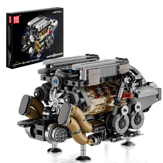 Mould King W16 engine kit shows piston motion for hands-on learning.