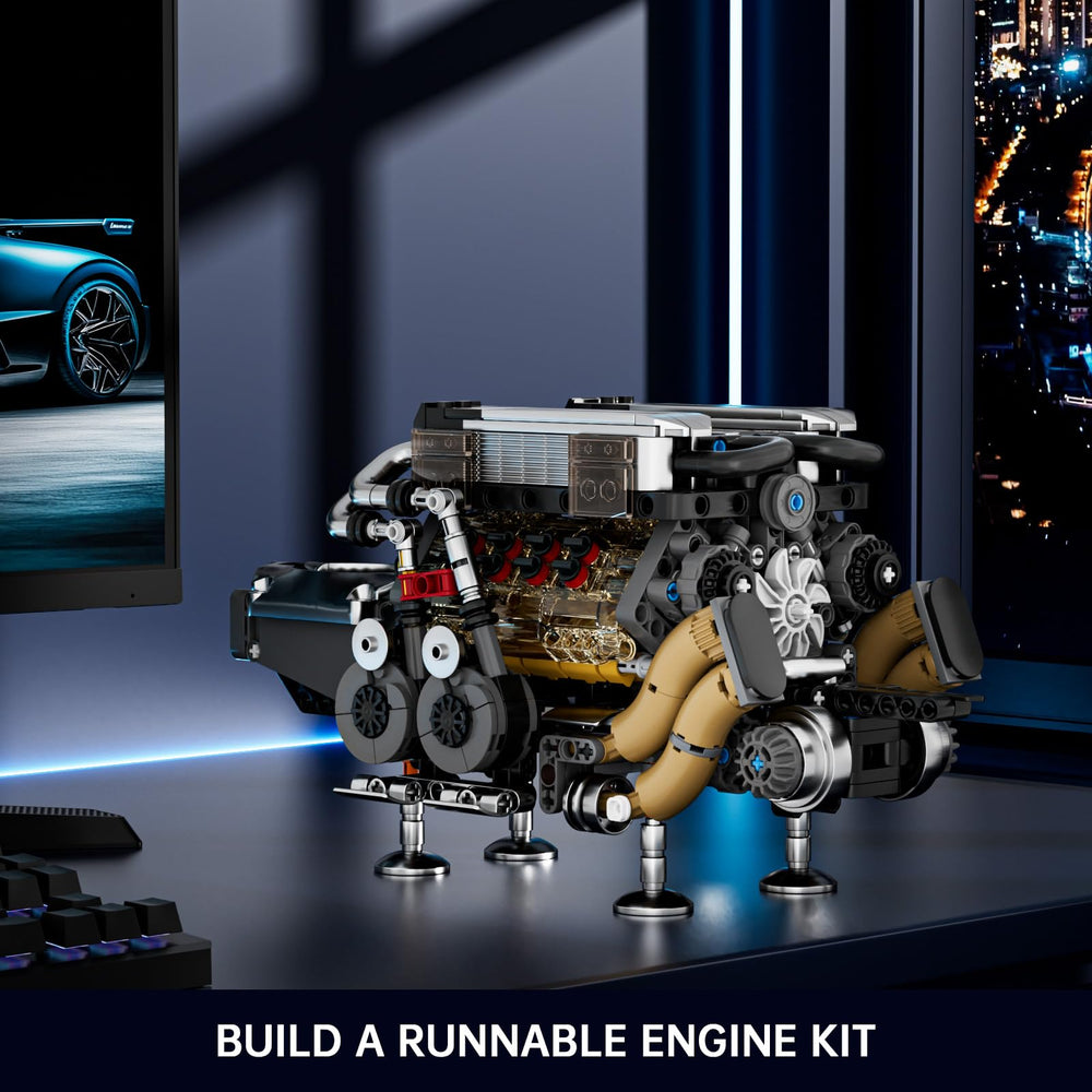 Mould King W16 engine shows synchronized piston movement and drivetrain operation.