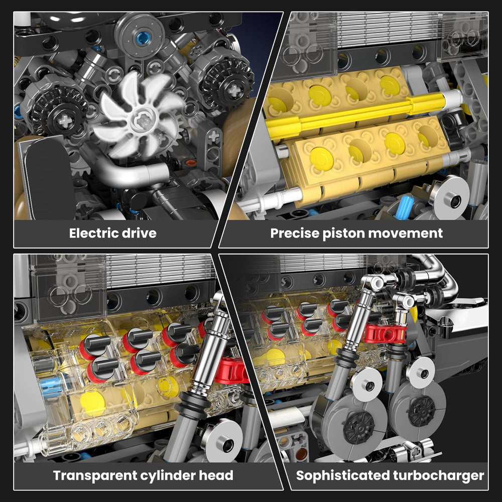 Mould King W16 engine transmission-turbocharger view highlights drivetrain details.