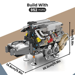Mould King W16 engine transparent cylinder head reveals internal gears and flow.
