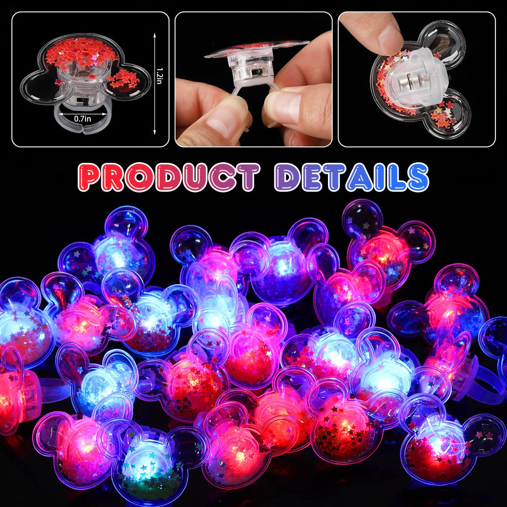 Close-up of Mouse Party Favors LED rings with glitter finish