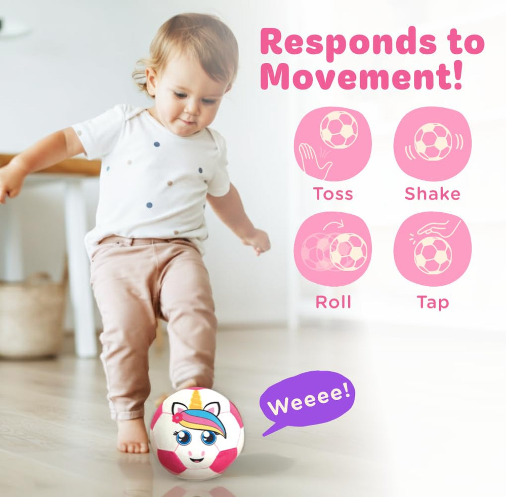 Move2Play pink ball close-up on control buttons for volume and sound effects.