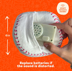 Move2Play baseball includes batteries and accessible volume controls for versatility.