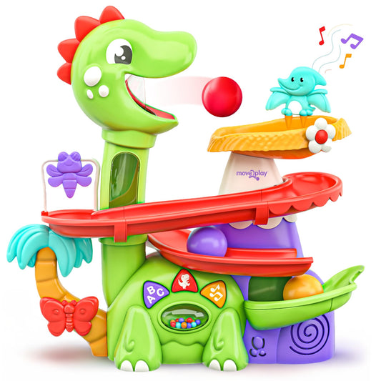 Move2Play dinosaur ball popper on its track, ready to launch colorful balls for play and motor skill boosts.
