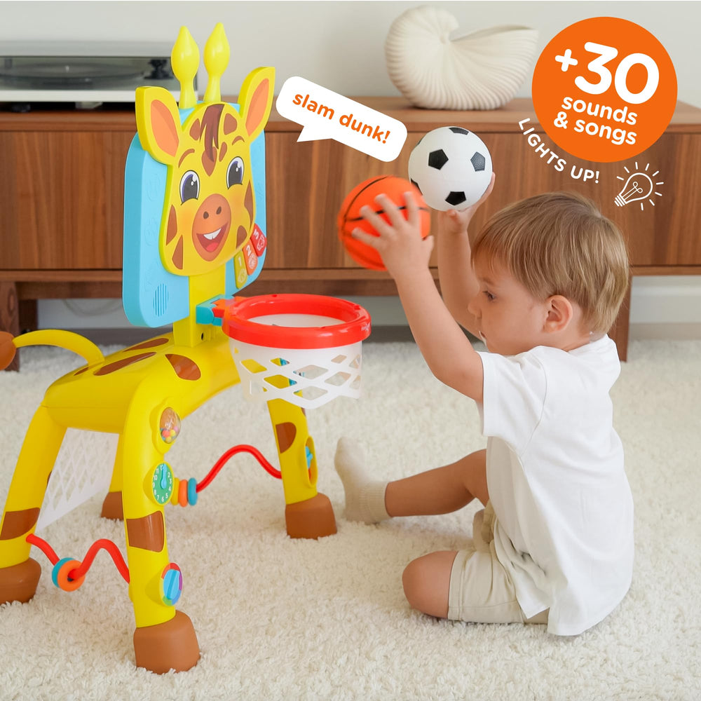 Move2Play giraffe basketball dunk scene supports gross motor play.
