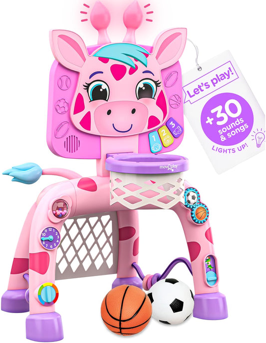 Move2Play giraffe basketball hoop close-up showing 30 sounds and lights for active play.