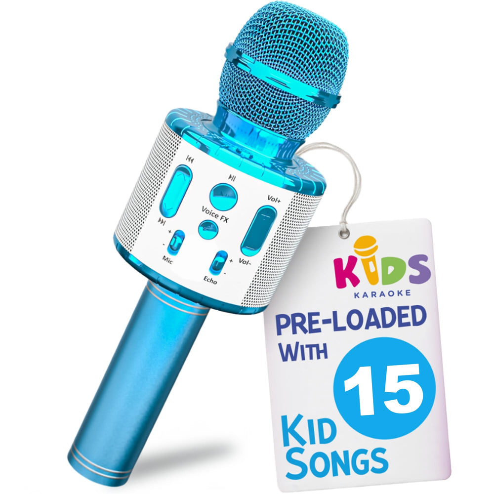 Move2Play karaoke microphone front view showing kid-friendly design for home performances.