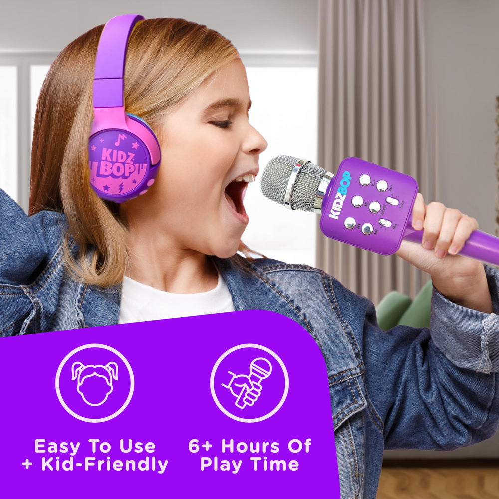 Move2Play Kidz Bop microphone with four voice effects in use