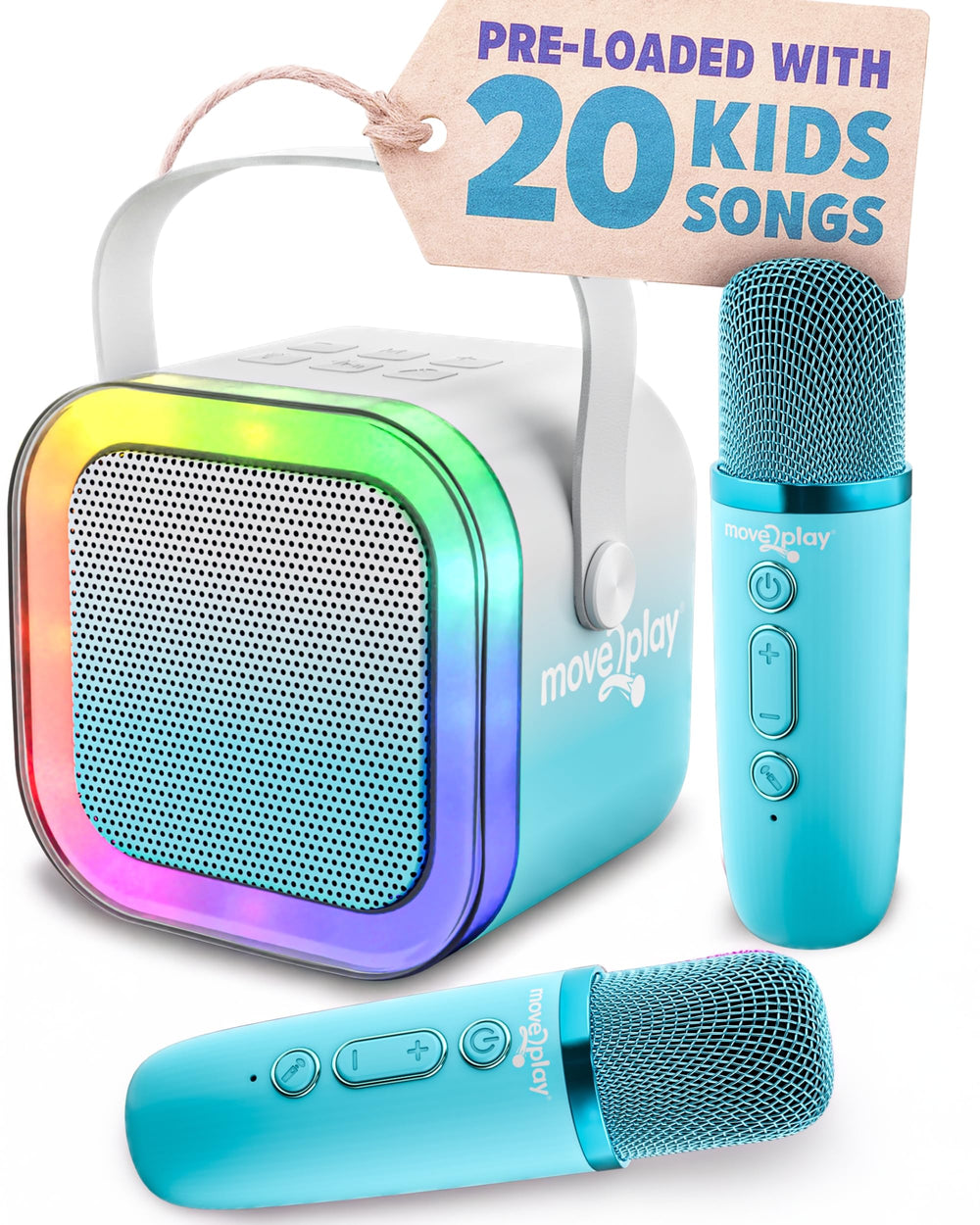 Move2Play mini karaoke front view highlights kid-friendly design for easy home concerts.
