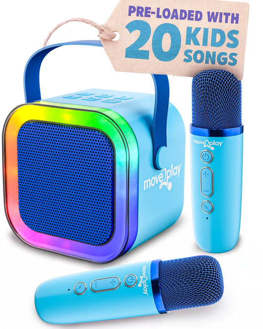 Move2Play Mini Karaoke Machine front view with built-in songs and kid-friendly lights.
