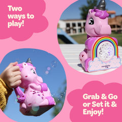 Move2Play unicorn bubble blower water-resistant battery area for splashy play.