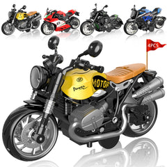 MQDMINI four-pack pull-back motorcycles, front view, ideal for quick, active play sessions.