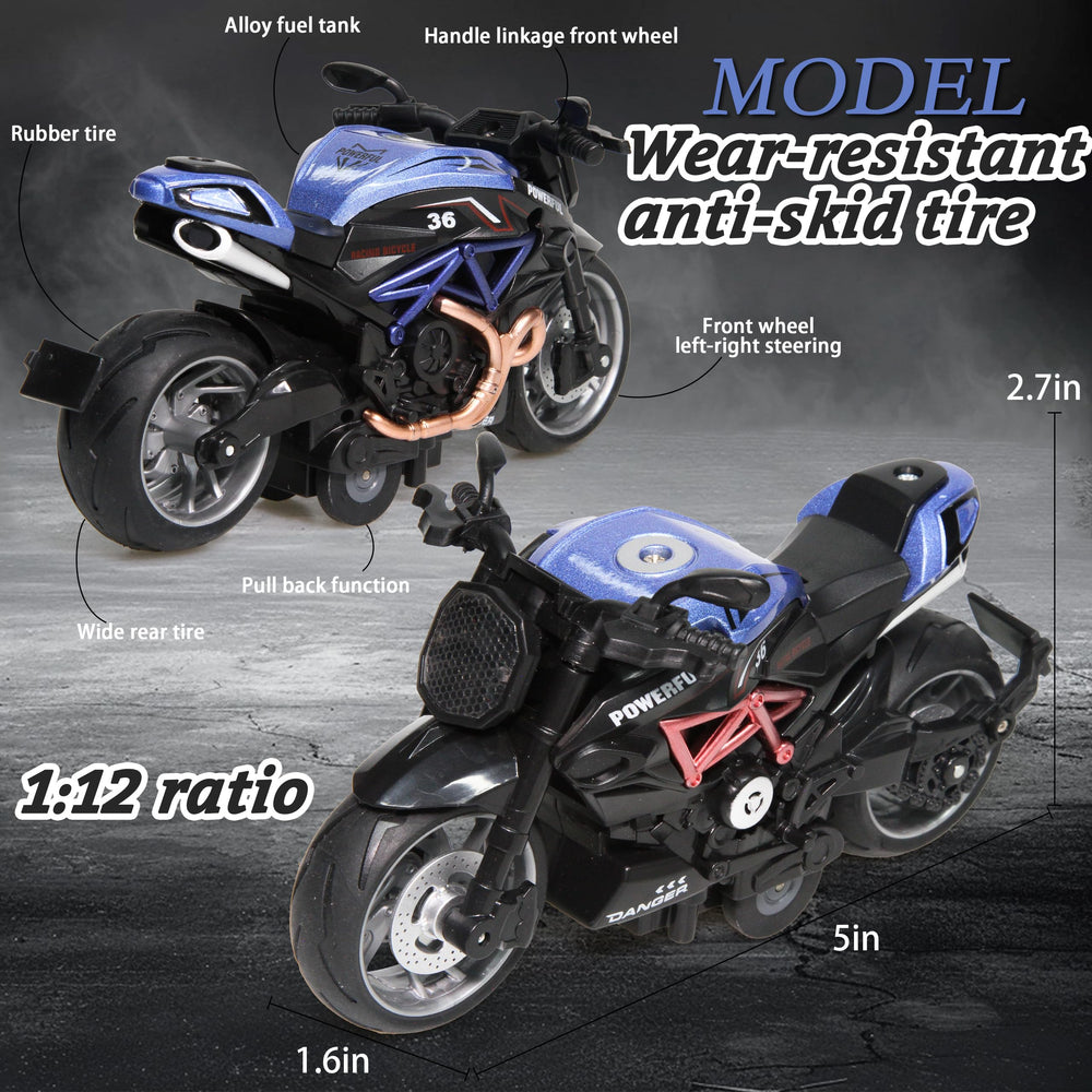 MQDMINI four-pack pull-back motorcycles, kids playing together, encourages sharing and cooperative games.