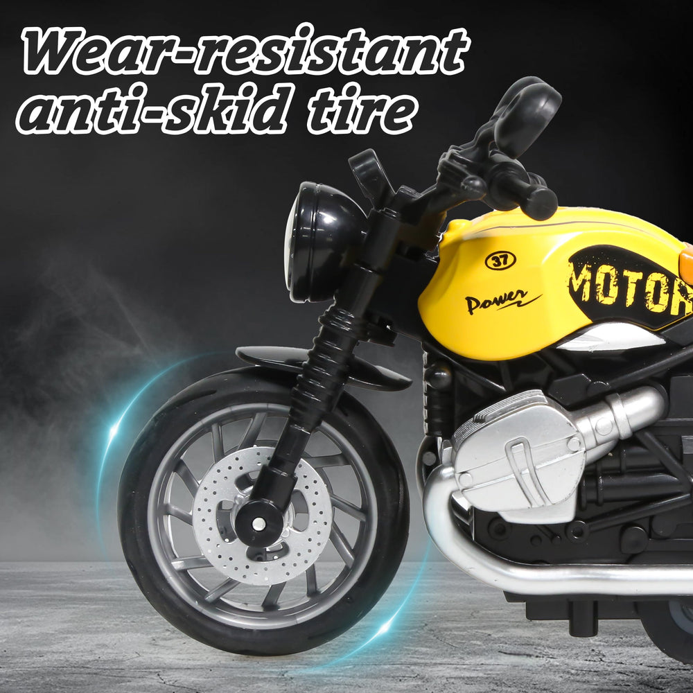 MQDMINI four-pack pull-back motorcycles, side profile, durable alloy build for everyday fun.
