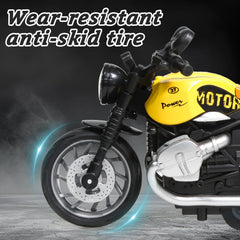 MQDMINI four-pack pull-back motorcycles, side profile, durable alloy build for everyday fun.