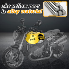 MQDMINI four-pack pull-back motorcycles, sound effects, engaging auditory feedback during play.