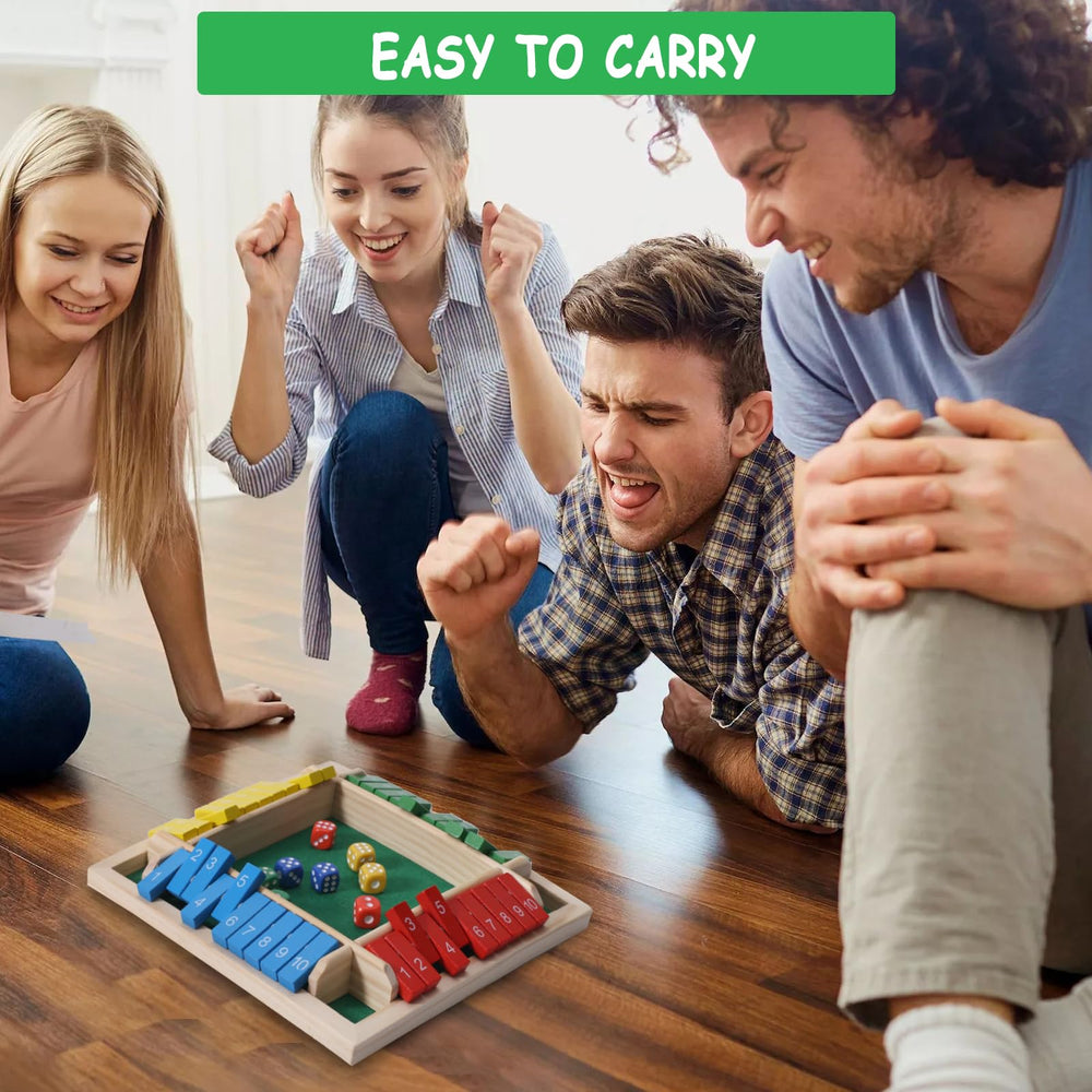 MQJJSM Shut the Box dice-rolling action during a lively family gathering