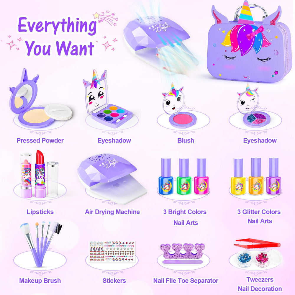 Mqsiuve Kids Makeup Kit nail dryer speeds up finishing touches.