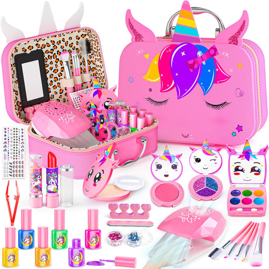 Mqsiuve Kids Makeup Kit unicorn case closeup showing organized storage for creative play.