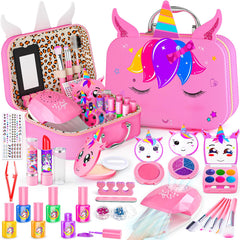 Mqsiuve Kids Makeup Kit unicorn case closeup showing organized storage for creative play.