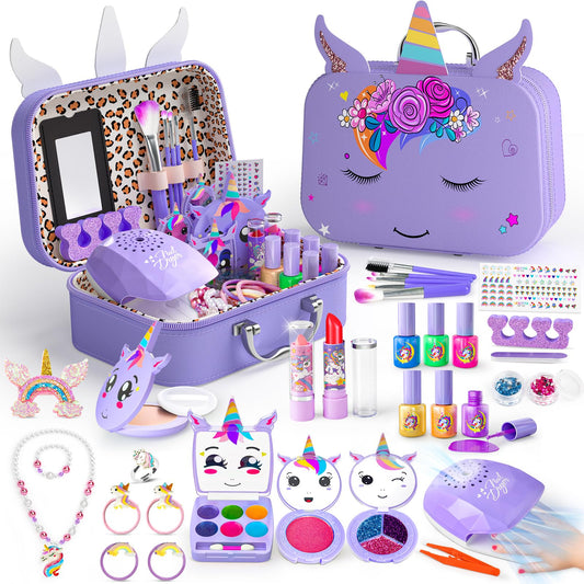 Mqsiuve kids makeup kit with unicorn case open for creative play sessions.