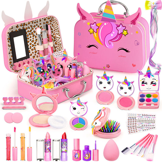 Mqsiuve Little Girls Makeup Kit case with mirror for organized pretend play.