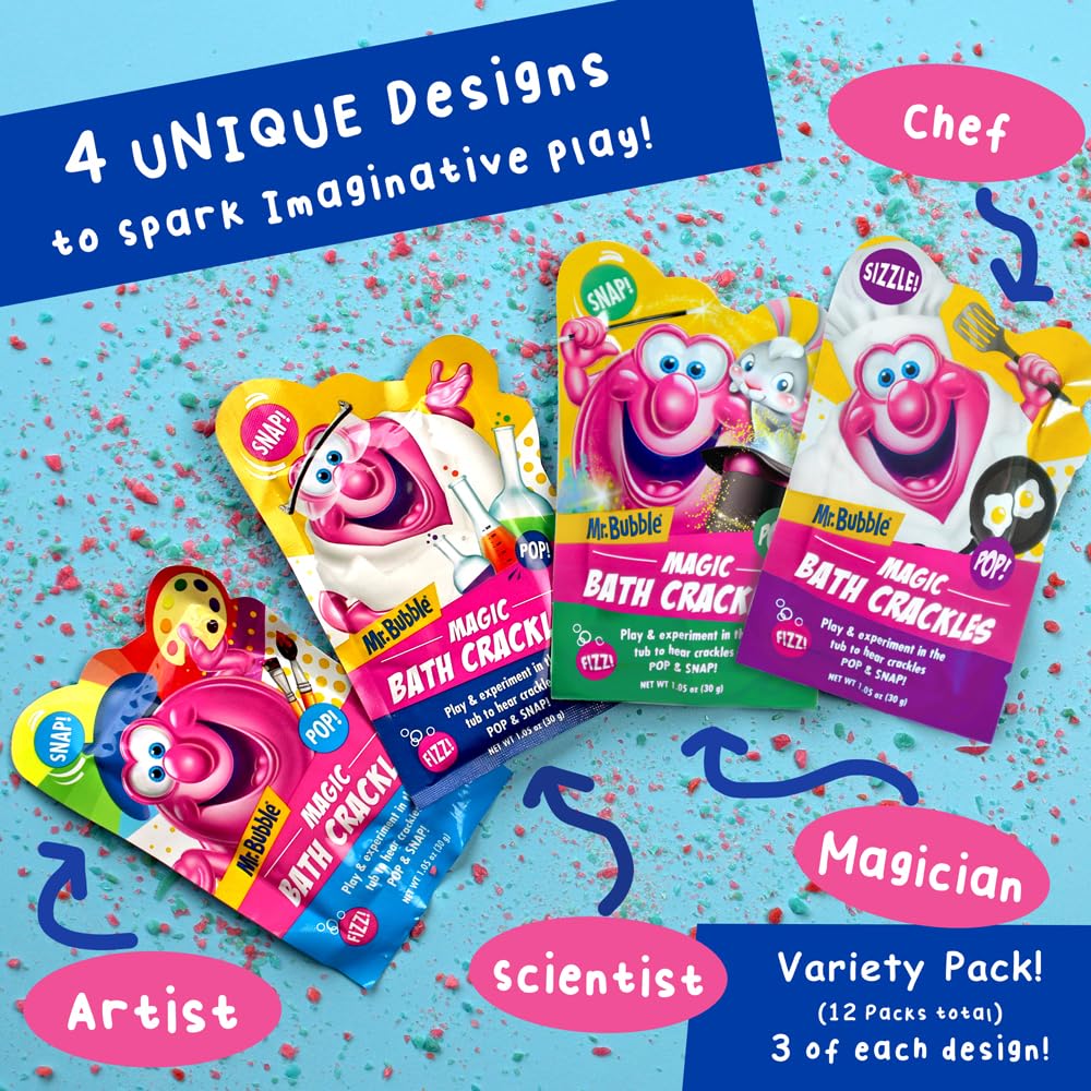 Mr. Bubble Magic Bath Crackles packets closeup featuring vivid colors and fizz