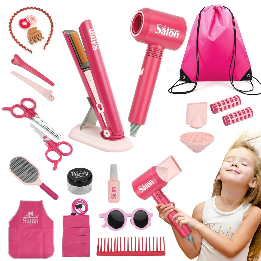 MROUEN 23-piece hair salon toy set with storage bag for imaginative play and organization.