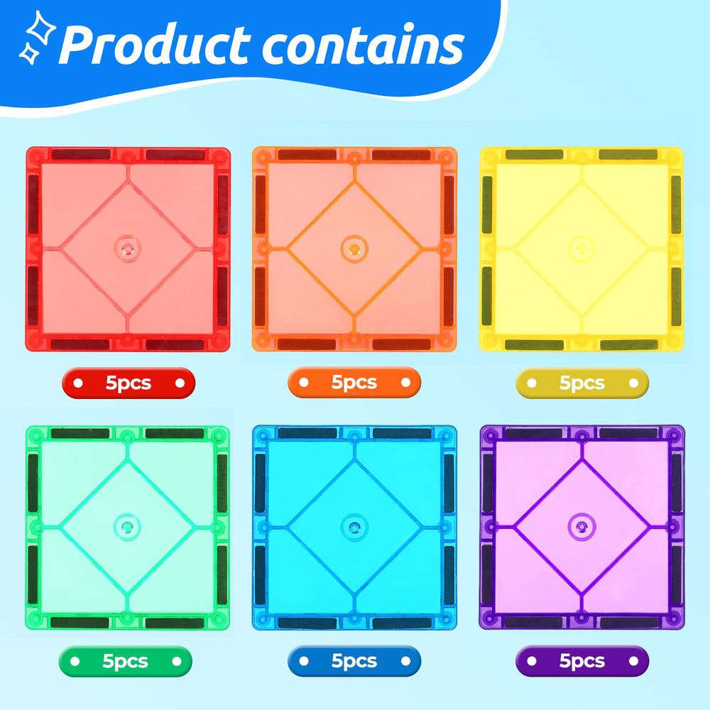 Mruikeny magnetic tiles with strong magnets for easy stacking and creative designs.