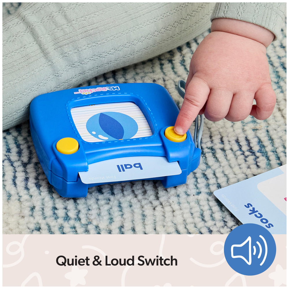 Playroom scene with Ms. Rachel cards and reader, fosters everyday learning moments