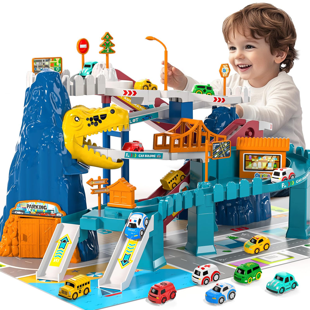 MSKOLER dinosaur race track set energizes toddler imaginative play with colorful tracks.