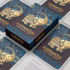 Namaste Mindfulness Cards at desk with prompts to reset during work.