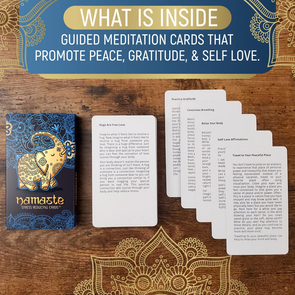 MSS Inc Namaste Mindfulness Cards on tea break for calm focus.