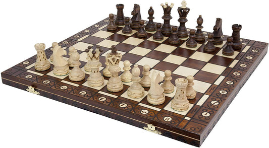 Muba handmade European chess board 21-inch view highlighting classic craft and display-worthy design