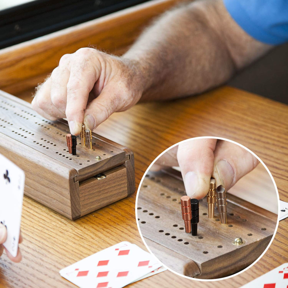 Mudder cribbage pegs, 34 mm length, one-eighth hole compatible, precise placement.