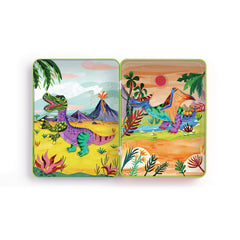 Mudpuppy Dino Mix-Up storage tin keeps magnets organized after playtime.